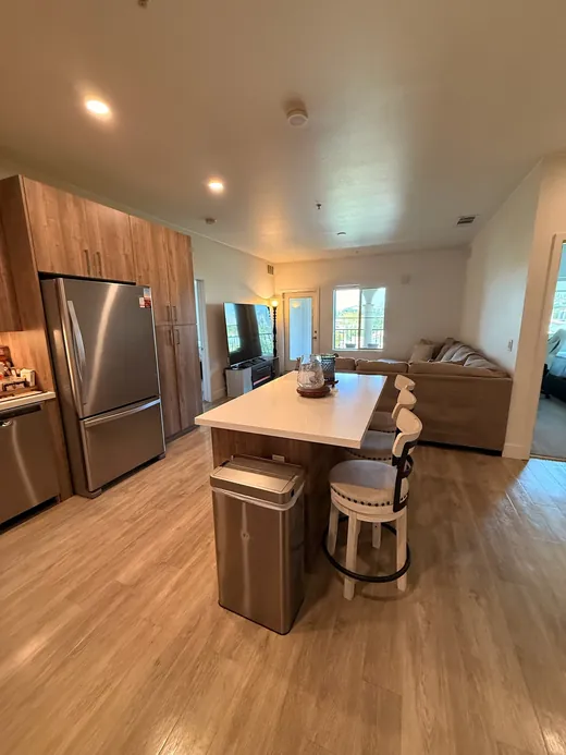 Open apartment kitchen and living area with a quartz island