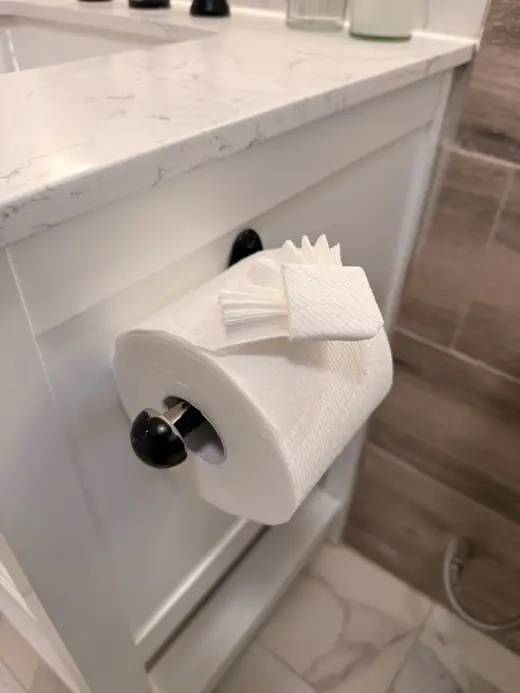 Bathroom vanity with a stocked toilet paper holder