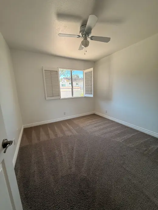 Cleaned carpet in an empty bedroom with open shutters