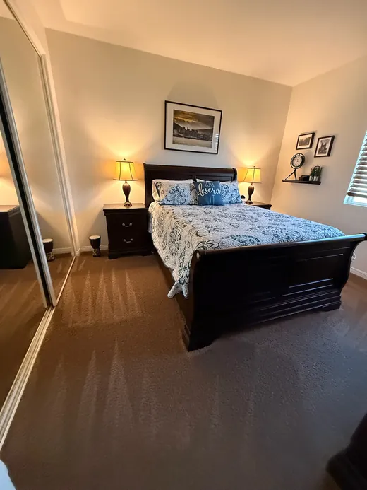 Cleaned carpet in a bedroom with a sleigh bed and framed art