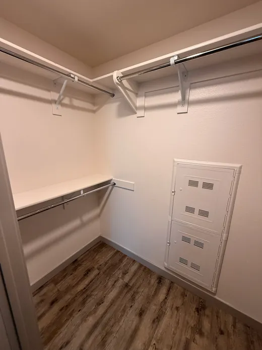 Empty walk-in closet with clean shelves and wood-look flooring