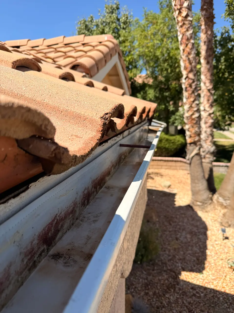 Clean gutter along a tile roof below a gable