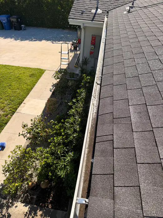 Long gutter run lined with grime and debris before cleaning